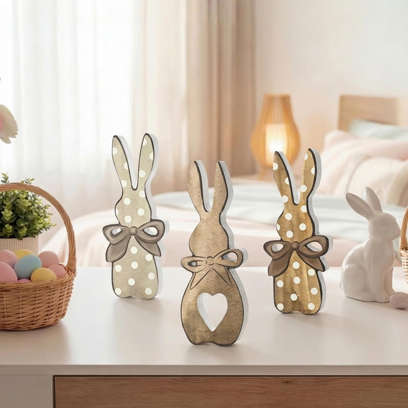 Sm:)e Wooden Easter Bunny Block Decor Set - 3-Piece Rustic Polka Dot Bunny with Bow Design, Farmhouse Style Tabletop Shelf Accents for Spring Holiday Home Decoration - Image 5