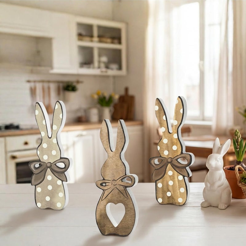 Sm:)e Wooden Easter Bunny Block Decor Set - 3-Piece Rustic Polka Dot Bunny with Bow Design, Farmhouse Style Tabletop Shelf Accents for Spring Holiday Home Decoration - Image 3