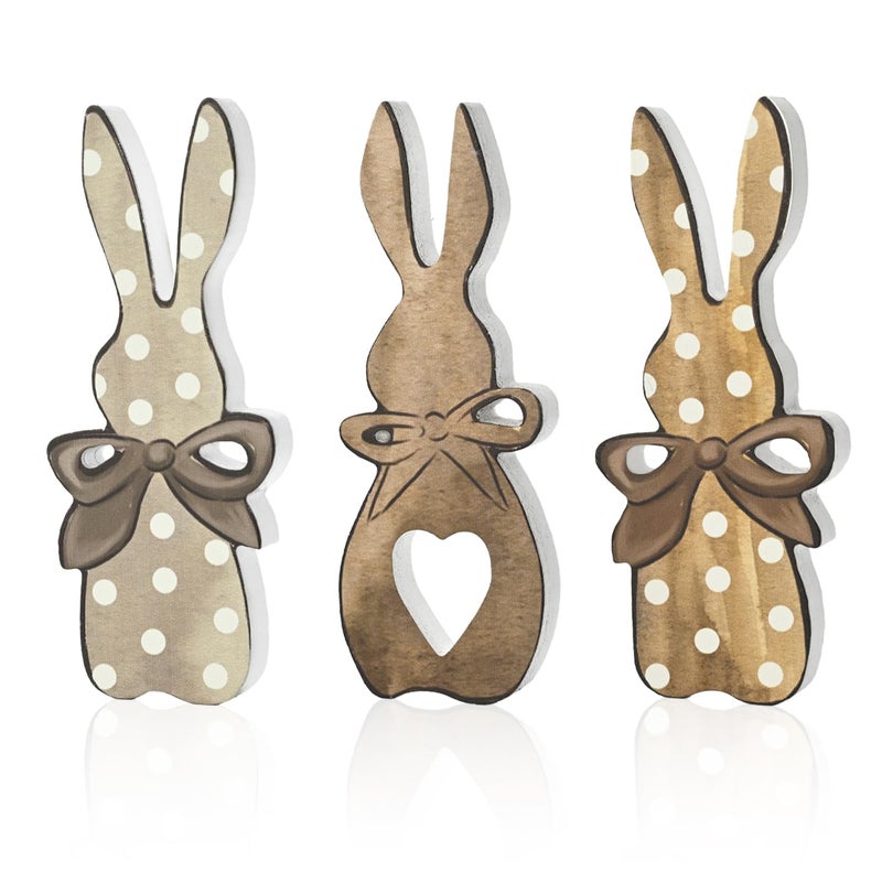 Sm:)e Wooden Easter Bunny Block Decor Set - 3-Piece Rustic Polka Dot Bunny with Bow Design, Farmhouse Style Tabletop Shelf Accents for Spring Holiday Home Decoration - Image 1