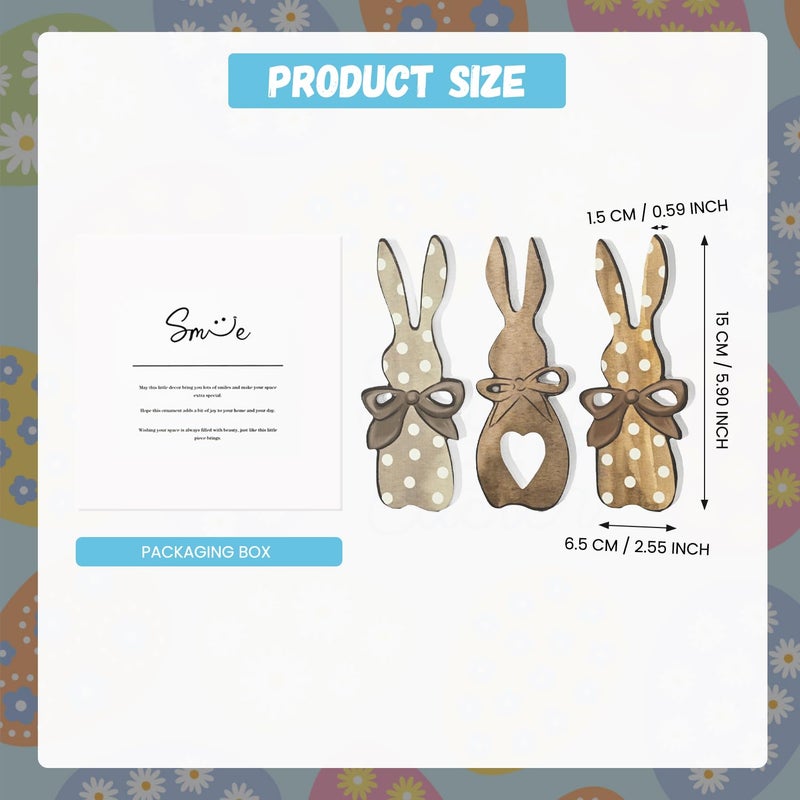 Sm:)e Wooden Easter Bunny Block Decor Set - 3-Piece Rustic Polka Dot Bunny with Bow Design, Farmhouse Style Tabletop Shelf Accents for Spring Holiday Home Decoration - Image 2