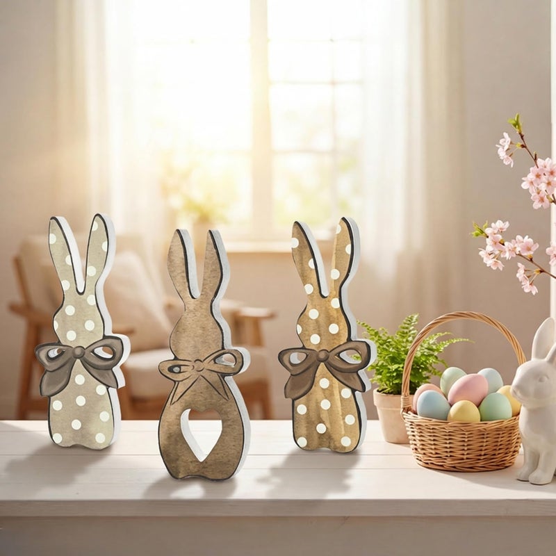 Sm:)e Wooden Easter Bunny Block Decor Set - 3-Piece Rustic Polka Dot Bunny with Bow Design, Farmhouse Style Tabletop Shelf Accents for Spring Holiday Home Decoration - Image 4