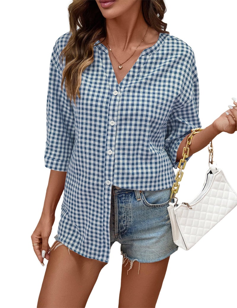 LOMON Cotton 3/4 Sleeve Button Down Shirts for Women Gingham Plaid Striped Tops V Neck Casual Loose Blouse - Image 5
