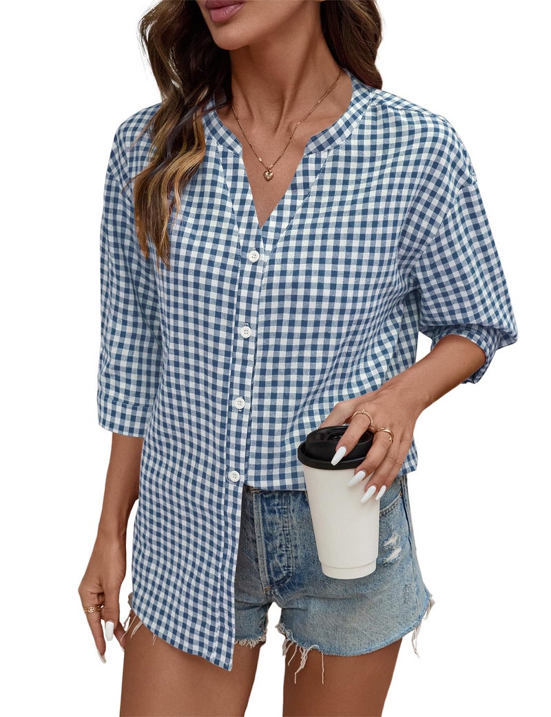 LOMON Cotton 3/4 Sleeve Button Down Shirts for Women Gingham Plaid Striped Tops V Neck Casual Loose Blouse - Image 2