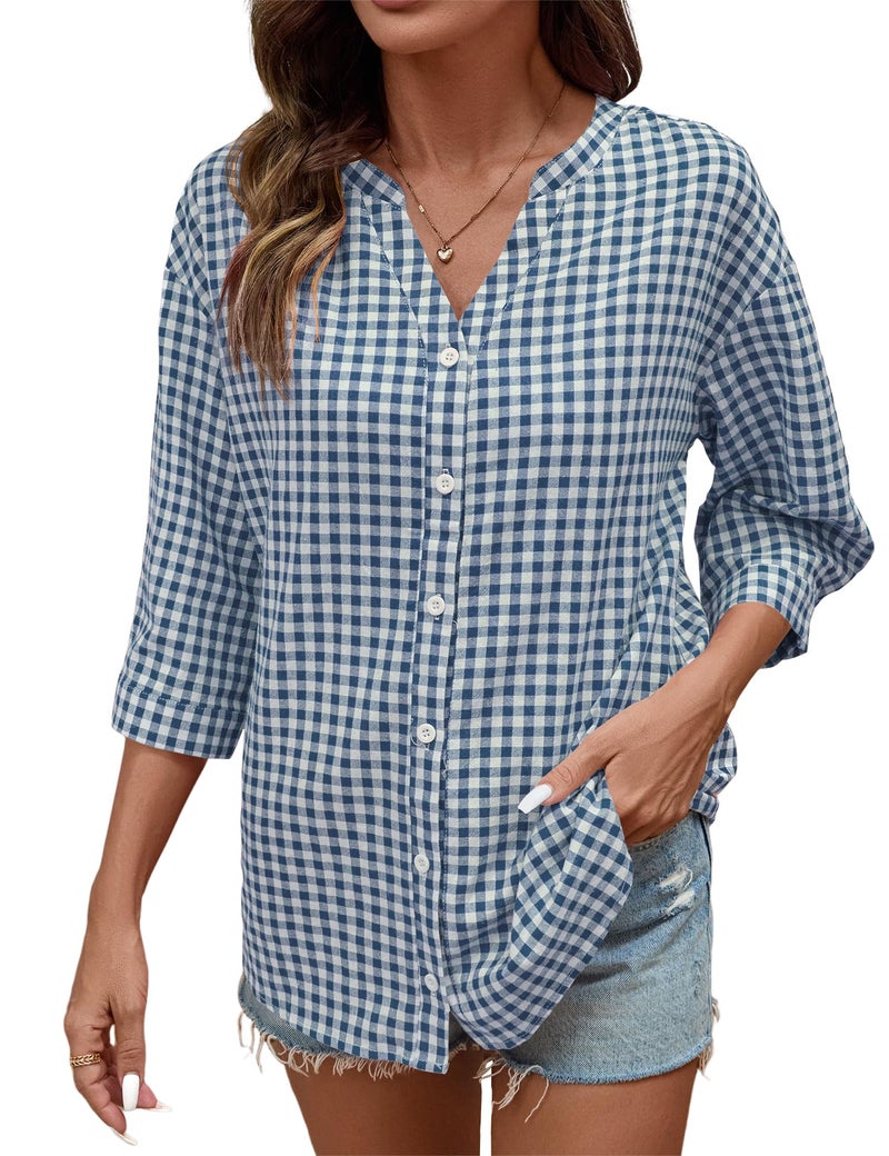 LOMON Cotton 3/4 Sleeve Button Down Shirts for Women Gingham Plaid Striped Tops V Neck Casual Loose Blouse - Image 4
