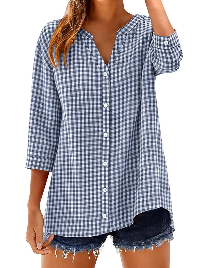 LOMON Cotton 3/4 Sleeve Button Down Shirts for Women Gingham Plaid Striped Tops V Neck Casual Loose Blouse - Image 1