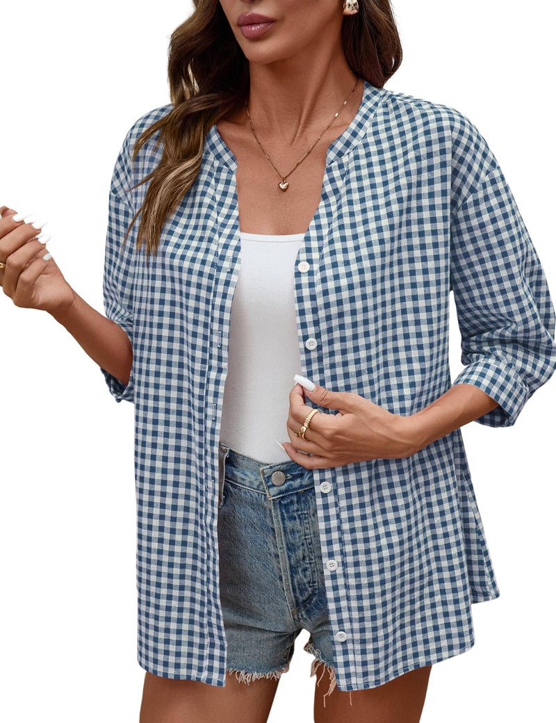 LOMON Cotton 3/4 Sleeve Button Down Shirts for Women Gingham Plaid Striped Tops V Neck Casual Loose Blouse - Image 3