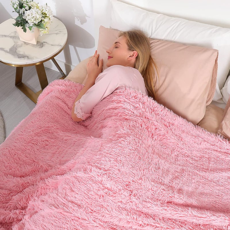 Tuddrom Decorative Extra Soft Faux Fur Blanket Queen Size 80" x 90",Solid Reversible Fuzzy Long Hair Shaggy Blanket,Fluffy Cozy Plush Fleece Comfy Microfiber Fur Blanket for Couch Sofa Bed,Pink - Image 4