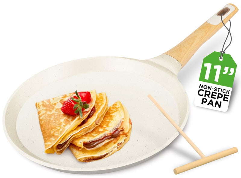 NutriChef مقلاة كريب غير لاصقة 11 بوصة من نوتري شيف مع ملعقة خشبية، مقلاة دوسا مغلفة بالرخام، مقبض باكليت وخشب مع قاعدة تحريض، سهلة التنظيف، مقاومة للبقع (رخام كريمي أبيض) - Image 1