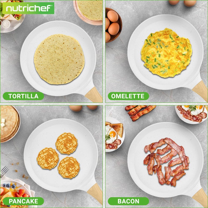 NutriChef مقلاة كريب غير لاصقة 11 بوصة من نوتري شيف مع ملعقة خشبية، مقلاة دوسا مغلفة بالرخام، مقبض باكليت وخشب مع قاعدة تحريض، سهلة التنظيف، مقاومة للبقع (رخام كريمي أبيض) - Image 3