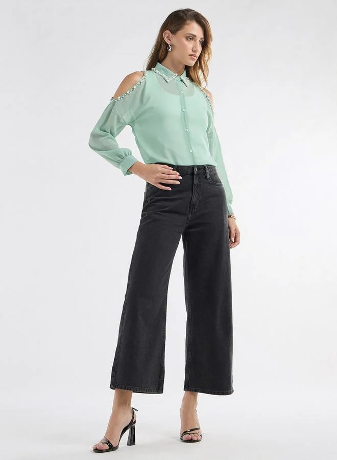 Splash FAV Slim Fit Pearl Embellished Shirt with Cold Shoulder
