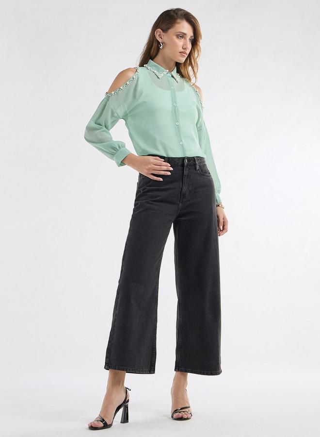 Splash FAV Slim Fit Pearl Embellished Shirt with Cold Shoulder - Image 2