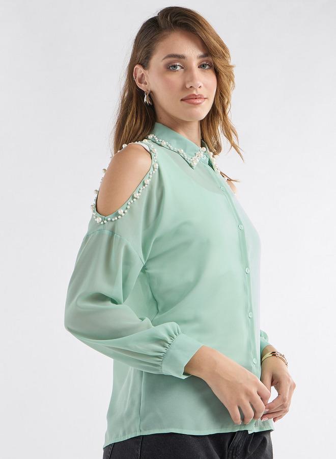Splash FAV Slim Fit Pearl Embellished Shirt with Cold Shoulder - Image 1