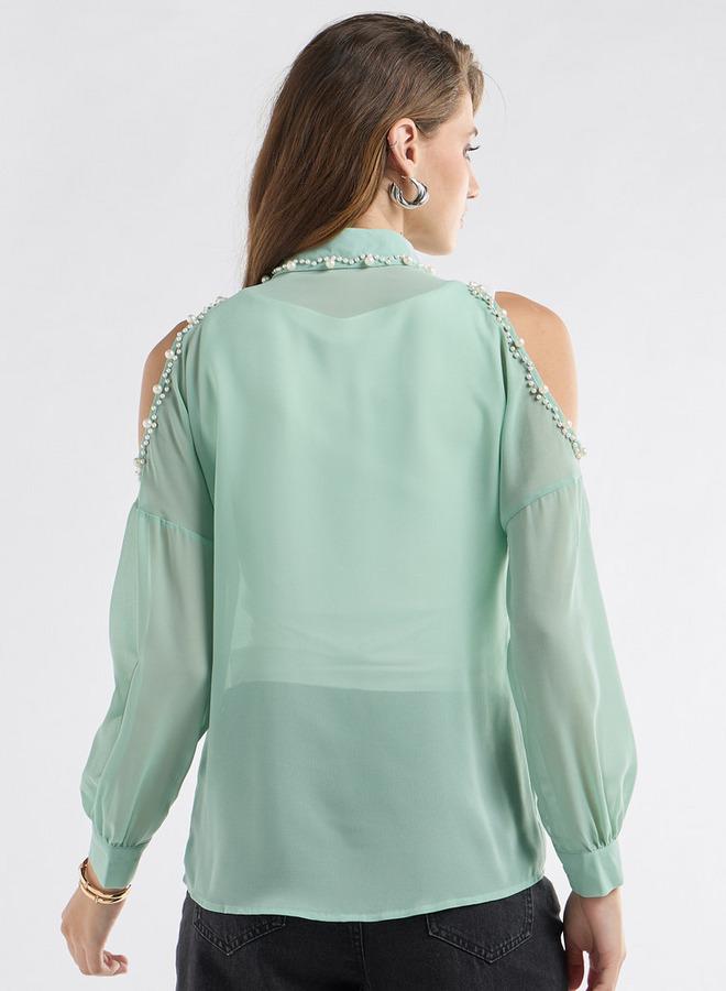 Splash FAV Slim Fit Pearl Embellished Shirt with Cold Shoulder - Image 3