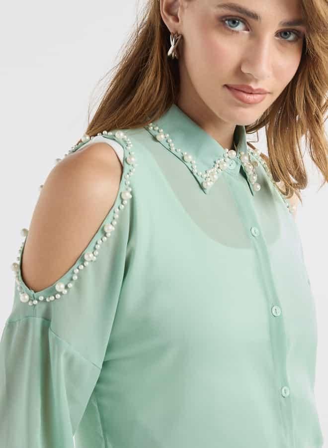 Splash FAV Slim Fit Pearl Embellished Shirt with Cold Shoulder - Image 4