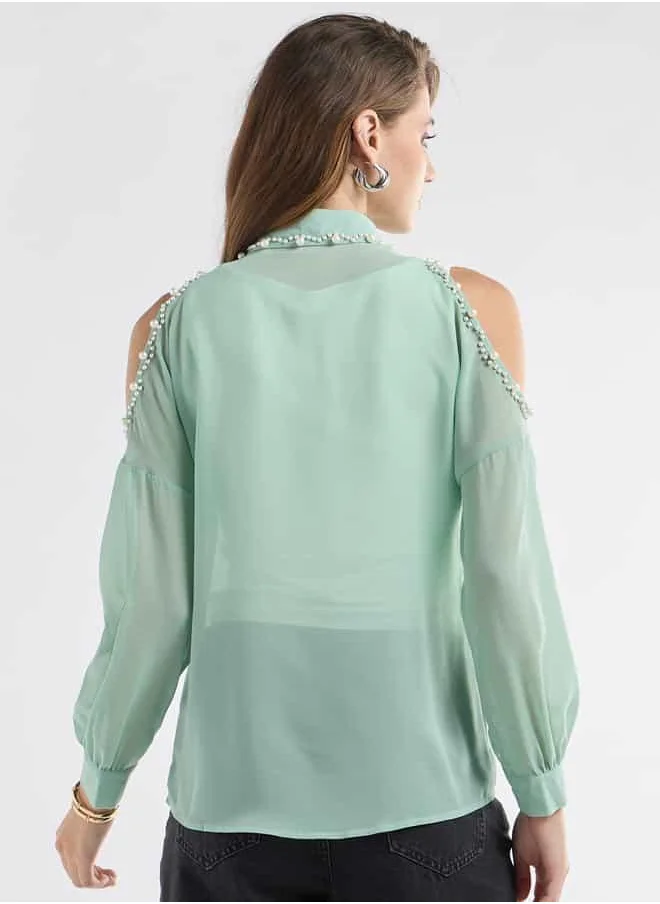 Splash FAV Slim Fit Pearl Embellished Shirt with Cold Shoulder