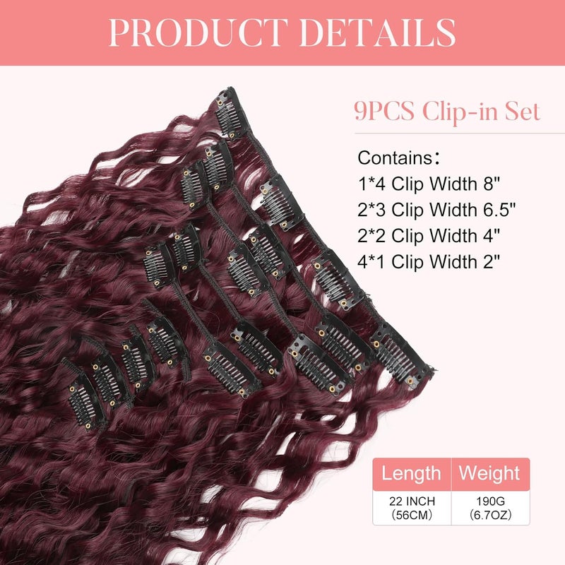 Flufymooz 9 x clip-in hair extensions, 22 inch clip-in hair extensions, curly hair extensions, long, soft synthetic hairpieces for women, burgundy red - Image 3