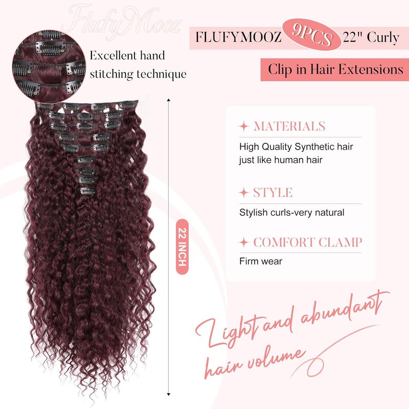 Flufymooz 9 x clip-in hair extensions, 22 inch clip-in hair extensions, curly hair extensions, long, soft synthetic hairpieces for women, burgundy red - Image 2