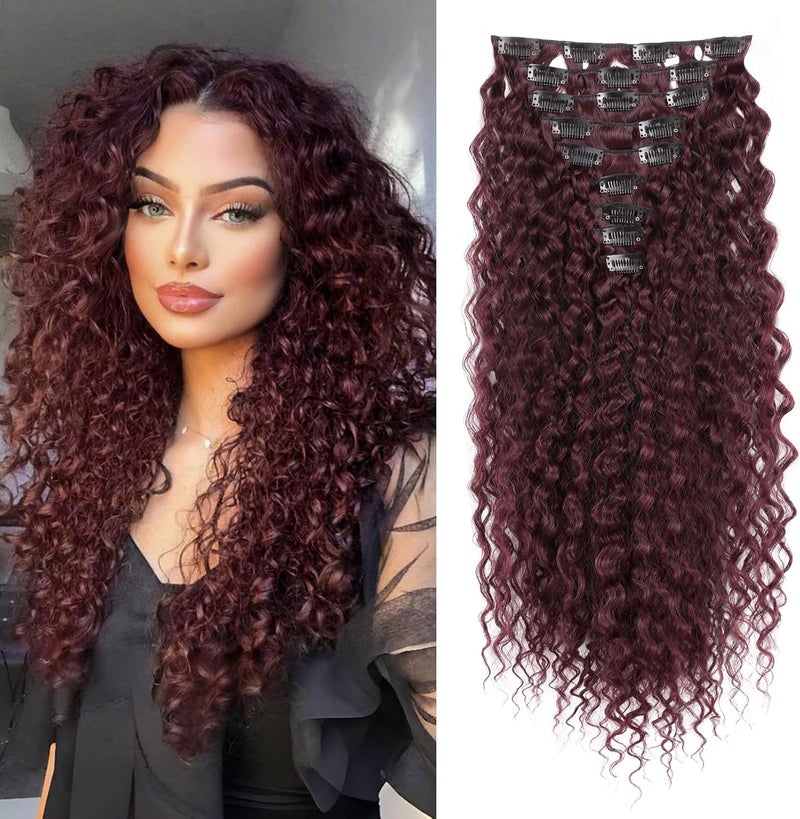 Flufymooz 9 x clip-in hair extensions, 22 inch clip-in hair extensions, curly hair extensions, long, soft synthetic hairpieces for women, burgundy red - Image 1