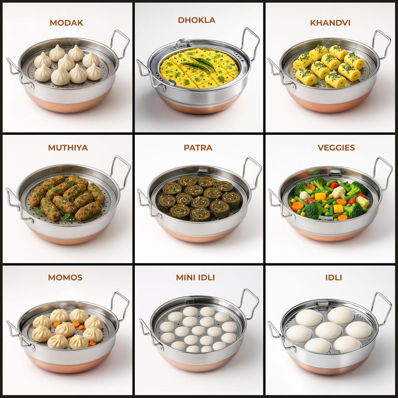 QSEC Stainless Steel Idly Cooker Multi Kadai Idli And Dhokla Steamer & Idli Cooker With 7 Plates|Mini Idli Stand|2 Mini Idli Plate|2 Idli|2 Dhokla|1 Momos|Multi Utility Kadai Cookware Set,5 Litre - Image 3