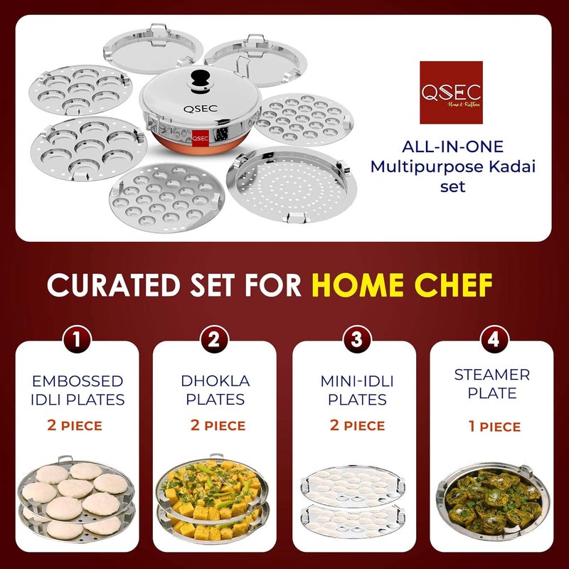 QSEC Stainless Steel Idly Cooker Multi Kadai Idli And Dhokla Steamer & Idli Cooker With 7 Plates|Mini Idli Stand|2 Mini Idli Plate|2 Idli|2 Dhokla|1 Momos|Multi Utility Kadai Cookware Set,5 Litre - Image 2