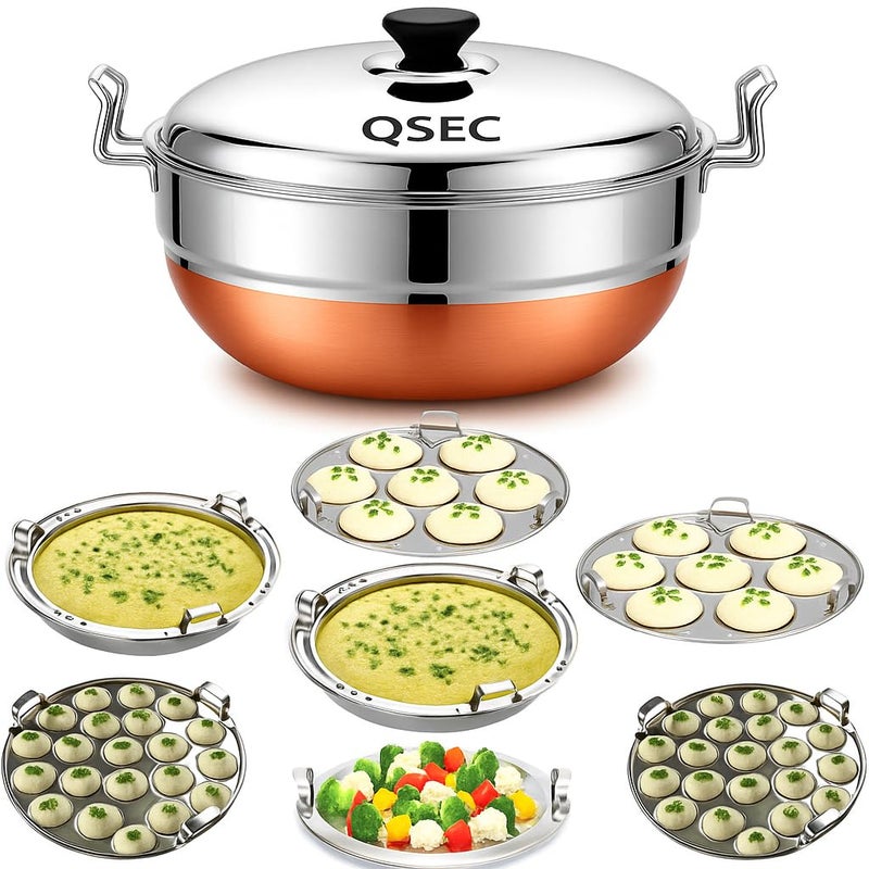 QSEC Stainless Steel Idly Cooker Multi Kadai Idli And Dhokla Steamer & Idli Cooker With 7 Plates|Mini Idli Stand|2 Mini Idli Plate|2 Idli|2 Dhokla|1 Momos|Multi Utility Kadai Cookware Set,5 Litre - Image 1