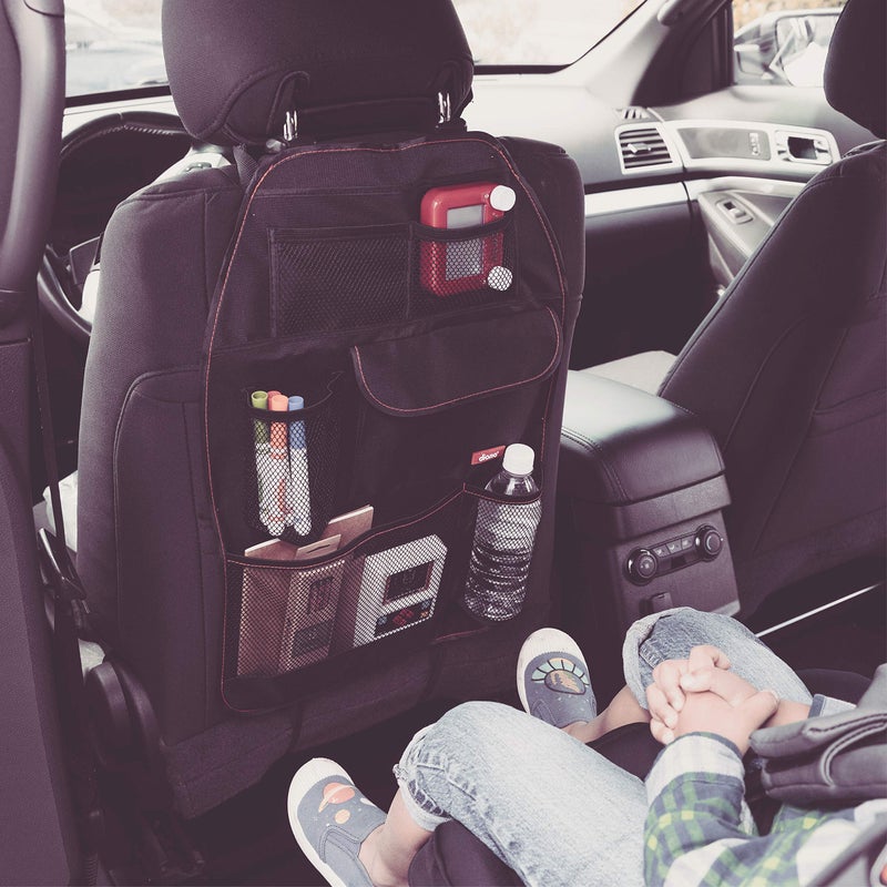 Diono Stow 'n Go Car Back Seat Organizer for Kids, Kick Mat Back Seat Protector, with 7 Storage Pockets, 2 Drinks Holders, Water Resistant, Durable Material, Black , 18x10x9 Inch (Pack of 1) - Image 2