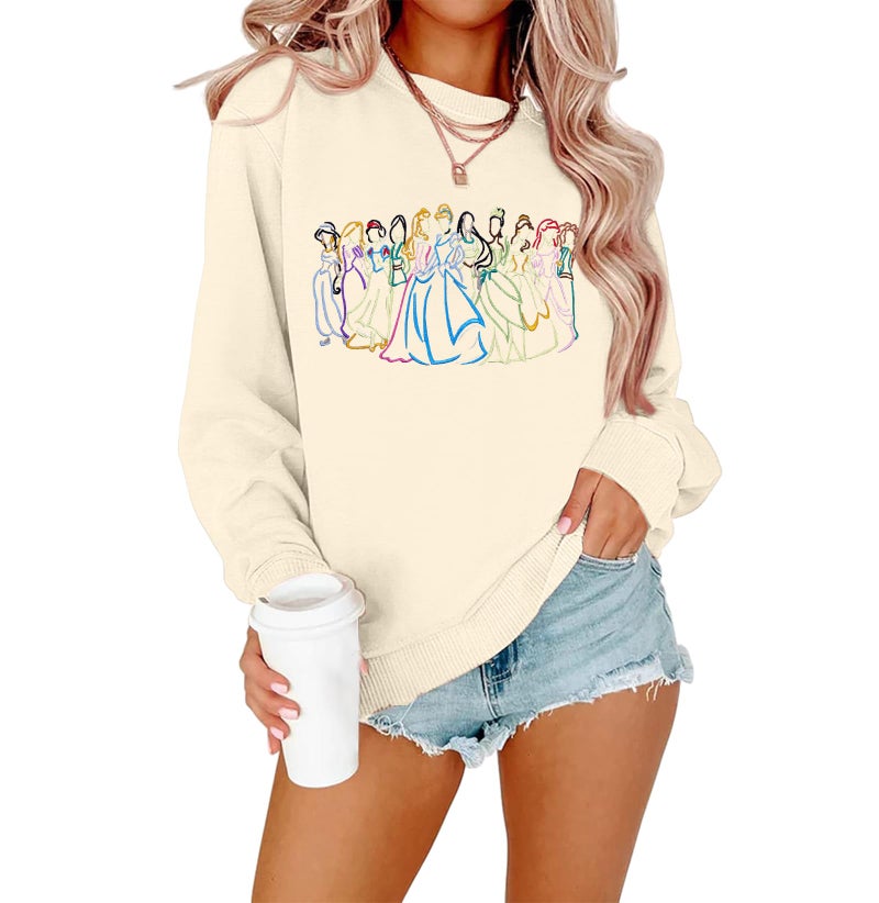 BANGELY Magical Sweatshirt Women Cute Embroidered Magic Princess Sweater Family Vacation Shirt Casual Long Sleeve Top Apricot - Image 1