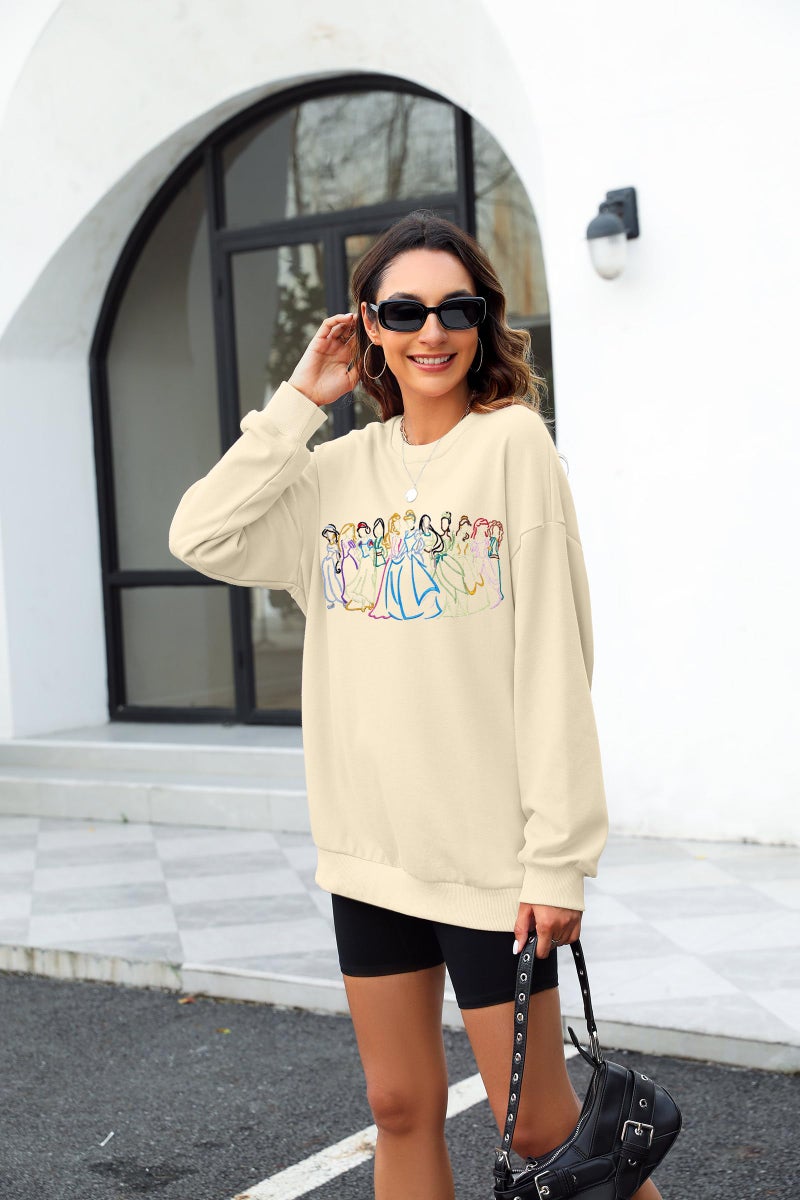 BANGELY Magical Sweatshirt Women Cute Embroidered Magic Princess Sweater Family Vacation Shirt Casual Long Sleeve Top Apricot - Image 3