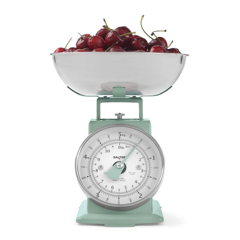 Salter Timeless Mechanical Kitchen Scale  Baking Scale with 5 kg Capacity 1 Litre Dishwasher Safe Bowl Analogue Food Scale Classic Design Easy Read Large Dial 22cm Height Sage