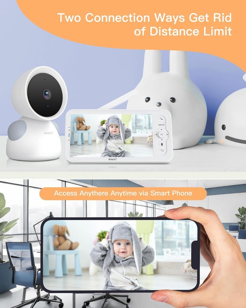 ARENTI Baby Camera Monitor 2K3MP WiFi 6 5inch Wireless Display Smartphone App Super Night Vision Crying Detection Auto Tracking TempHumidity Sensor CloudSD Card Storage D3 Kit - Image 3