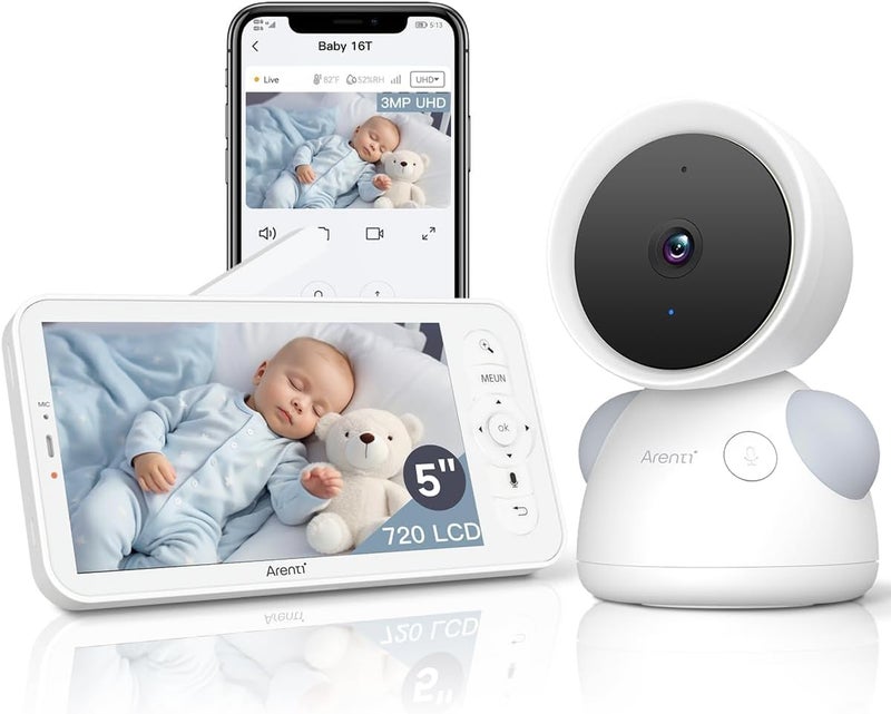 ARENTI Baby Camera Monitor 2K3MP WiFi 6 5inch Wireless Display Smartphone App Super Night Vision Crying Detection Auto Tracking TempHumidity Sensor CloudSD Card Storage D3 Kit - Image 1