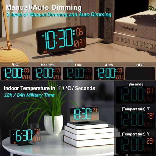 KOSUMOSU ساعة كوسوموسو المنبهة لغرف النوم، ساعة رقمية صغيرة سوداء 6.7 بوصة LED، ساعة منبه مكتبية مع خفوت تلقائي، ثواني، يوم من الأسبوع، درجة حرارة داخلية، ساعات لغرفة المعيشة - Image 4