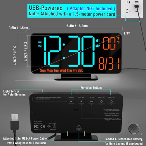 KOSUMOSU ساعة كوسوموسو المنبهة لغرف النوم، ساعة رقمية صغيرة سوداء 6.7 بوصة LED، ساعة منبه مكتبية مع خفوت تلقائي، ثواني، يوم من الأسبوع، درجة حرارة داخلية، ساعات لغرفة المعيشة - Image 5