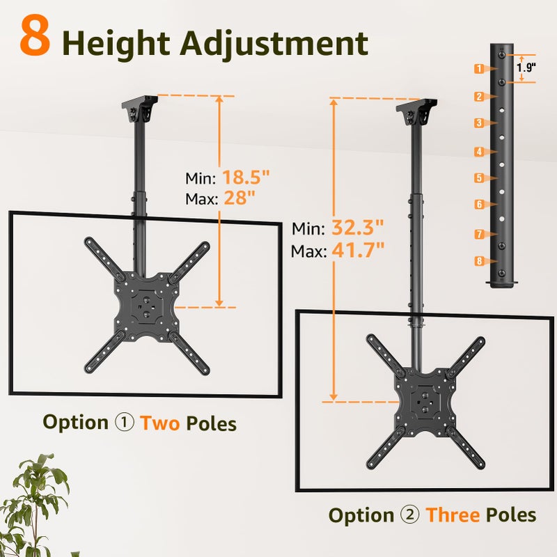 ELIVED Ceiling TV Mount Fits Most 26-65 Inch LED, LCD OLED Flat Screen TVs, Full Motion Height Adjustable, Swivel and Tilt TV Bracket, Max VESA 400x400mm, Holds up to 99 lbs. YD3015 - Image 2