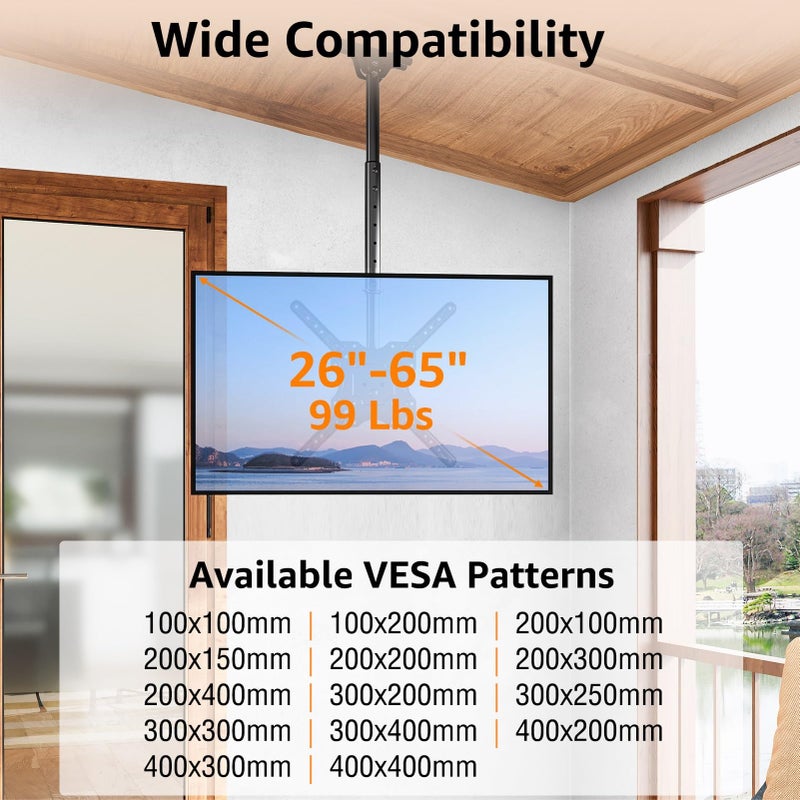 ELIVED Ceiling TV Mount Fits Most 26-65 Inch LED, LCD OLED Flat Screen TVs, Full Motion Height Adjustable, Swivel and Tilt TV Bracket, Max VESA 400x400mm, Holds up to 99 lbs. YD3015 - Image 5