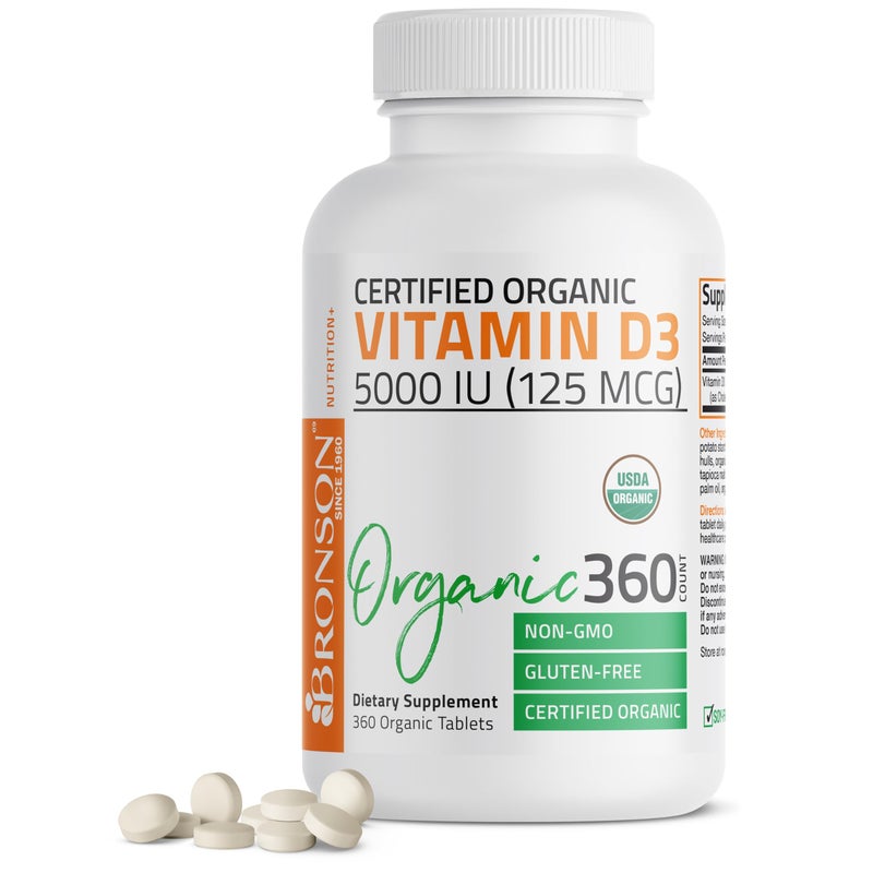 Bronson Vitamin D3 5000 IU 125 mcg Certified Organic High Potency NonGMO Vitamin D Supplement 360 Tablets
