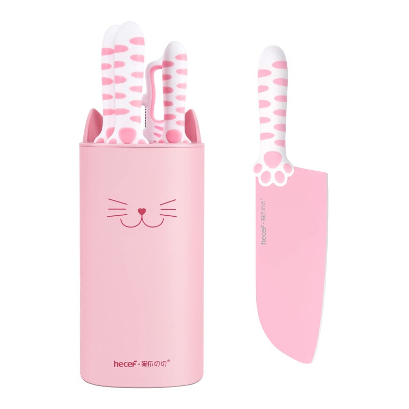 hecef Cute Kitchen Knife Set Dishwasher Safe 5piece NonStcik Knives Set with Detachable Block and ScissorsSharp for Chopping Slicing Dicing and Cutting Pink