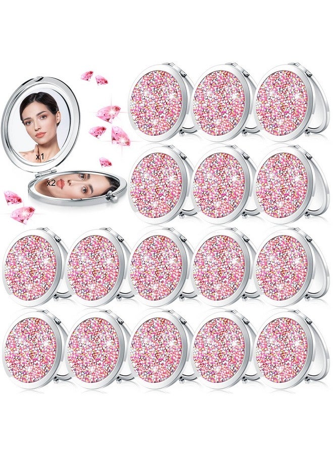 Maitys 16 Pcs Compact Mirror For Purses Small Cosmetic Folding Pocket Compact Mirror Bulk 2.75 Inch Round Diamond Bling 1X/ 2X Magnifying Makeup Mirror For Women Girls Wedding Gift Pink Silver(Pink Silver) - Image 1
