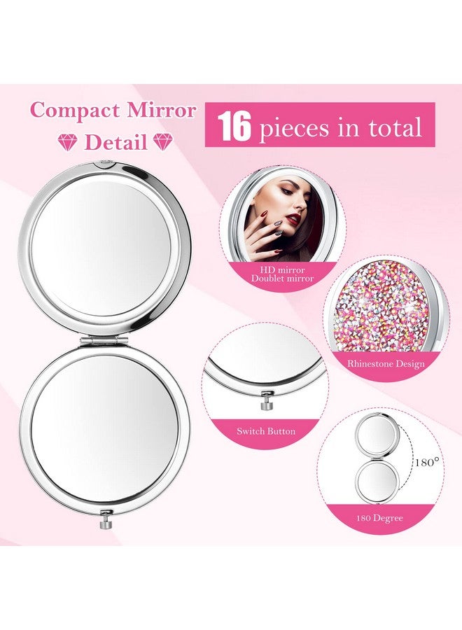 Maitys 16 Pcs Compact Mirror For Purses Small Cosmetic Folding Pocket Compact Mirror Bulk 2.75 Inch Round Diamond Bling 1X/ 2X Magnifying Makeup Mirror For Women Girls Wedding Gift Pink Silver(Pink Silver) - Image 3