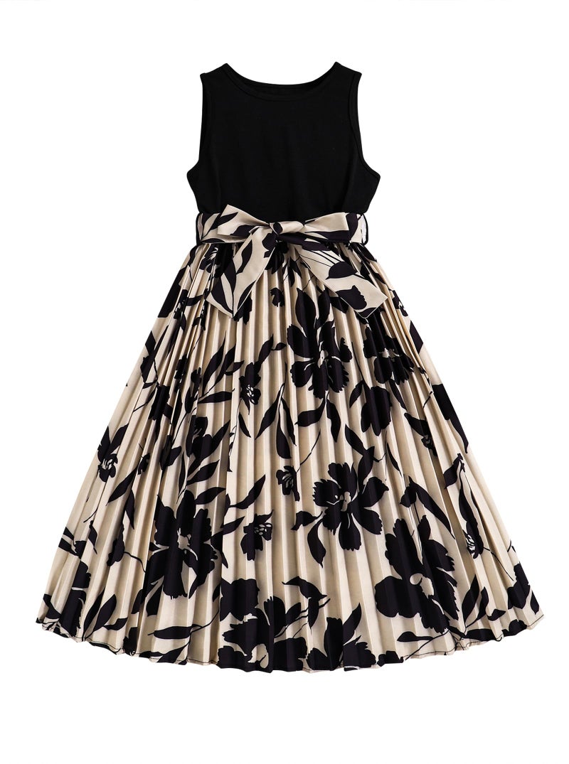 Hilinker Girls Floral Sleeveless Pleated Dress Summer Tie Knot Tank Dresses with Belt Black Floral 910 Year