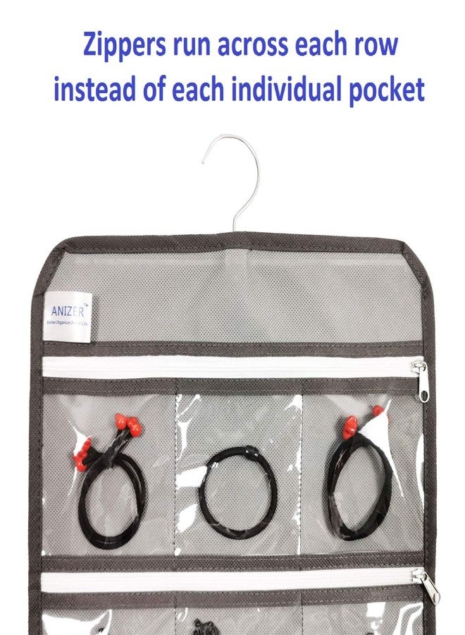 ANIZER Travel Foldable Jewelry Rolls Bag Hanging Jewelry Organizer with 9 Zippered Clear Pockets Storage Pouch with Rotatable Hanger (GREY) - Image 4