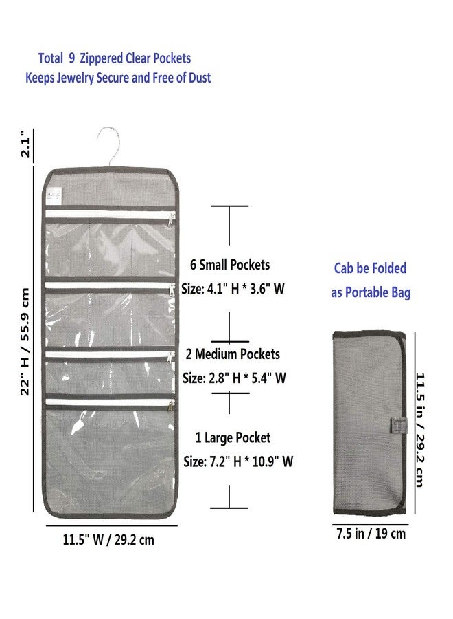 ANIZER Travel Foldable Jewelry Rolls Bag Hanging Jewelry Organizer with 9 Zippered Clear Pockets Storage Pouch with Rotatable Hanger (GREY) - Image 2