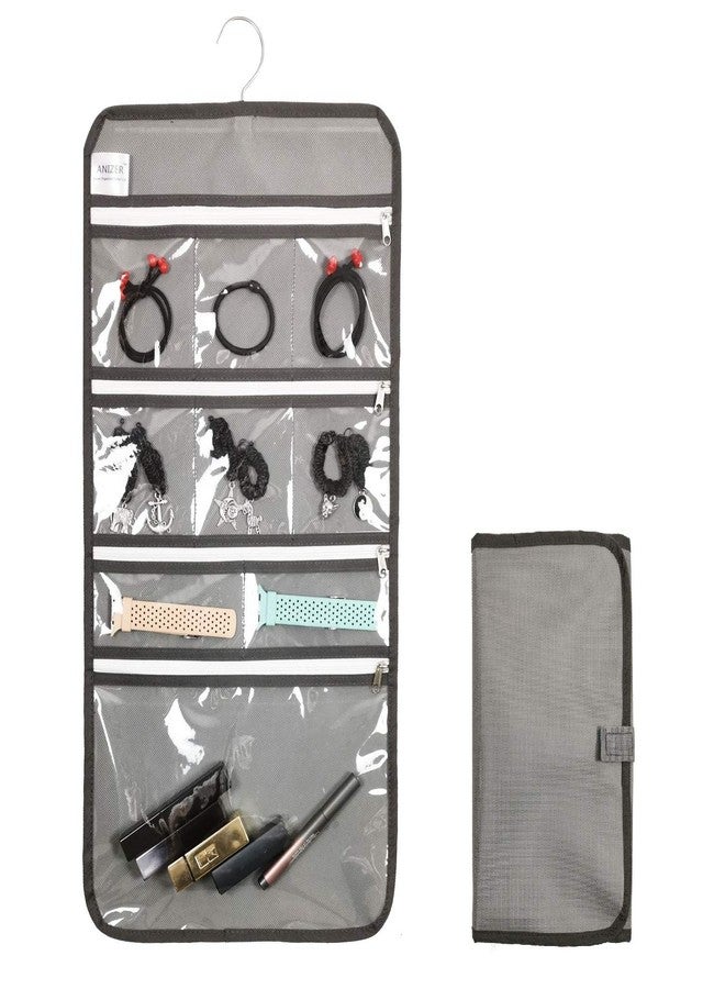 ANIZER Travel Foldable Jewelry Rolls Bag Hanging Jewelry Organizer with 9 Zippered Clear Pockets Storage Pouch with Rotatable Hanger (GREY) - Image 1
