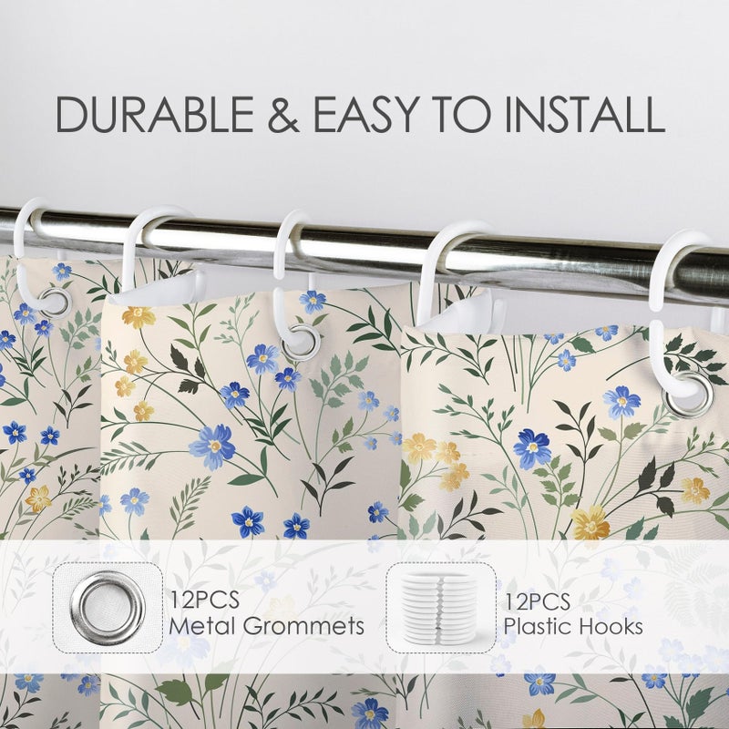 LB Country Wildflower Shower Curtain Decor,Blue and Yellow Floral Green Leaf Plant on Beige Shower Curtain for Bathroom 72X72 inch Polyester Fabric Bathroom Decoration Bath Curtains Hooks Included - Image 5