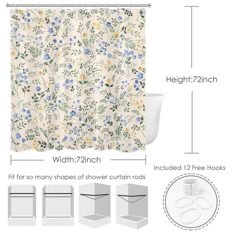 LB Country Wildflower Shower Curtain Decor,Blue and Yellow Floral Green Leaf Plant on Beige Shower Curtain for Bathroom 72X72 inch Polyester Fabric Bathroom Decoration Bath Curtains Hooks Included - Image 4