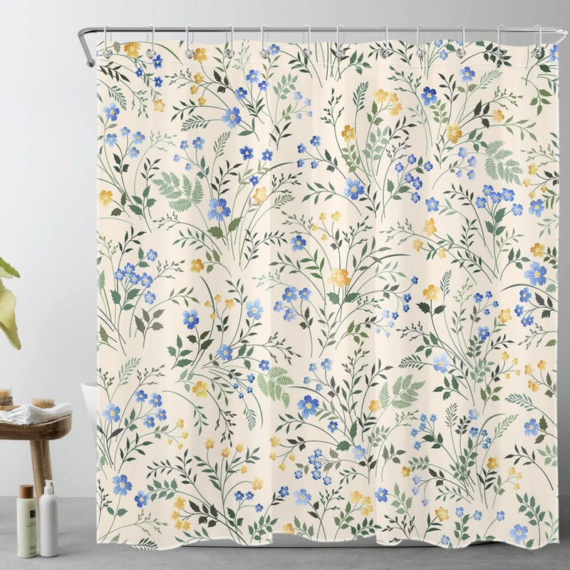 LB Country Wildflower Shower Curtain Decor,Blue and Yellow Floral Green Leaf Plant on Beige Shower Curtain for Bathroom 72X72 inch Polyester Fabric Bathroom Decoration Bath Curtains Hooks Included - Image 1
