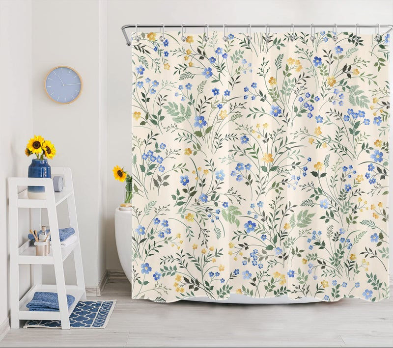 LB Country Wildflower Shower Curtain Decor,Blue and Yellow Floral Green Leaf Plant on Beige Shower Curtain for Bathroom 72X72 inch Polyester Fabric Bathroom Decoration Bath Curtains Hooks Included - Image 3