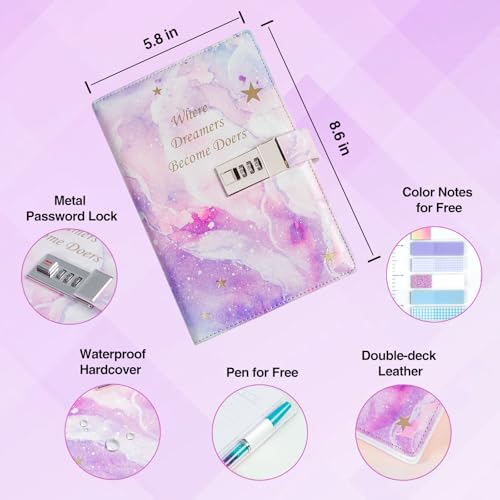 Kutoda Diary with Lock, 192 Pages College Ruled Journal with lock, A5 Secret Lock Journal with Pen and Color Notes for Girls Ages 8-12, Birthday Gifts for Girls, Purple - Image 2