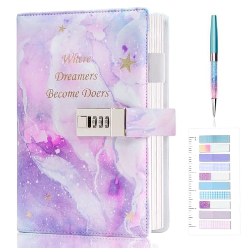 Kutoda Diary with Lock, 192 Pages College Ruled Journal with lock, A5 Secret Lock Journal with Pen and Color Notes for Girls Ages 8-12, Birthday Gifts for Girls, Purple - Image 1