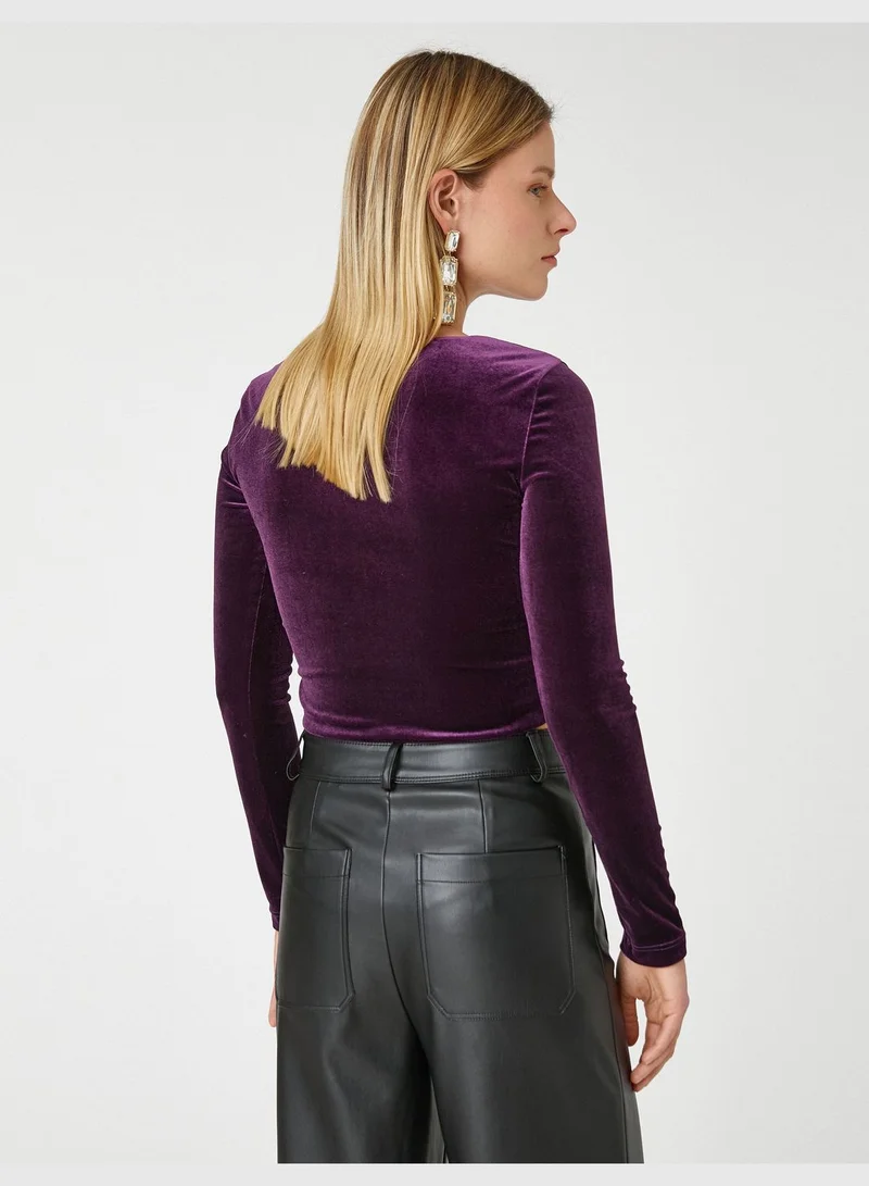 كوتون Long Sleeve Knot Detail Crop Velvet Blouse